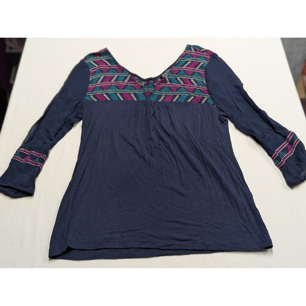 Lucky Brand Navy Blue Embroidered Peasant Blouse XS Boho Geometric V-Neck Top